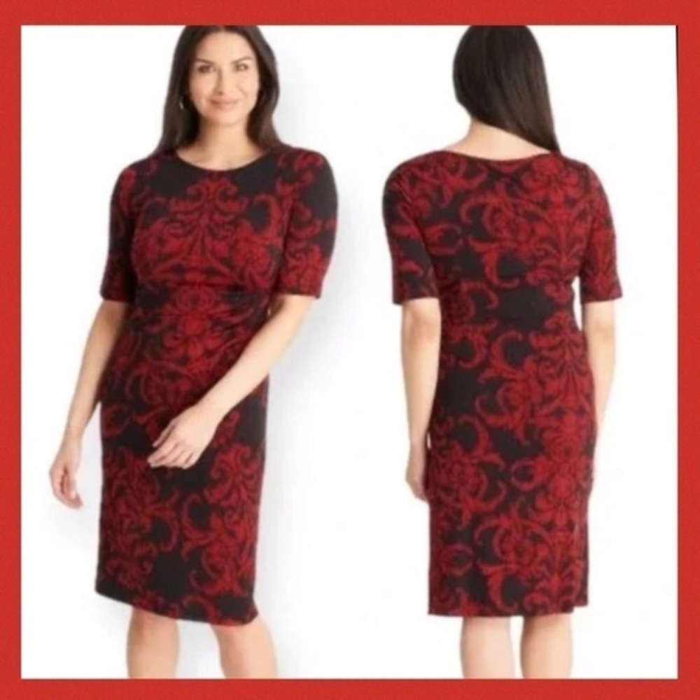 Connected Apparel Women's Elbow Sleeve Printed Sheath Dress Size 4 Petite NWOT